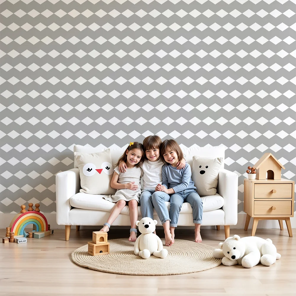Nursery room wallpaper | Gray and white diamond pattern