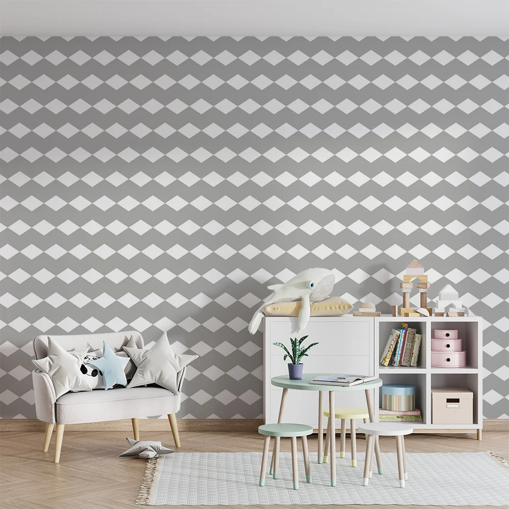 Nursery room wallpaper | Gray and white diamond pattern