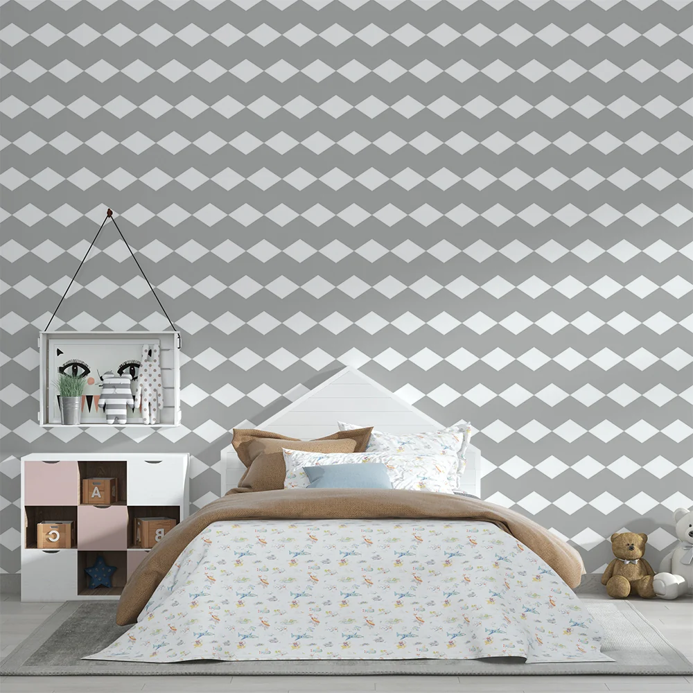 Nursery room wallpaper | Gray and white diamond pattern