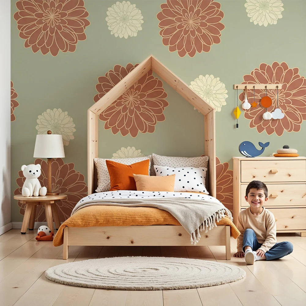 Nursery room wallpaper | Green and terracotta flower patterns
