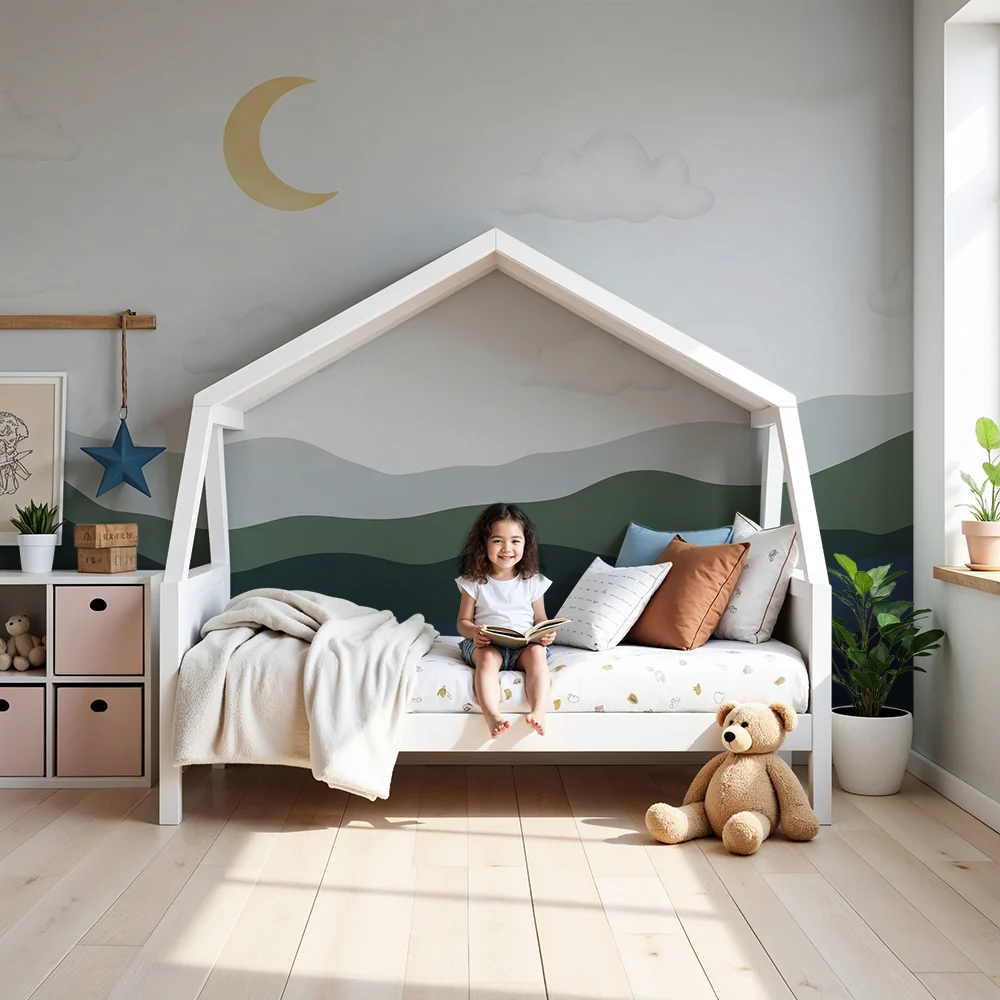 Nursery room wallpaper | Gyengéd dombok és csillagos ég aranyholdakkal