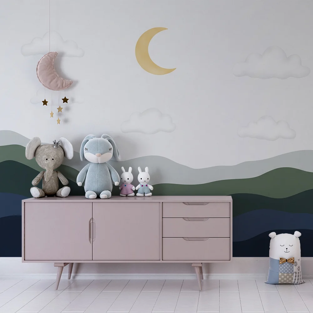 Nursery room wallpaper | Gyengéd dombok és csillagos ég aranyholdakkal