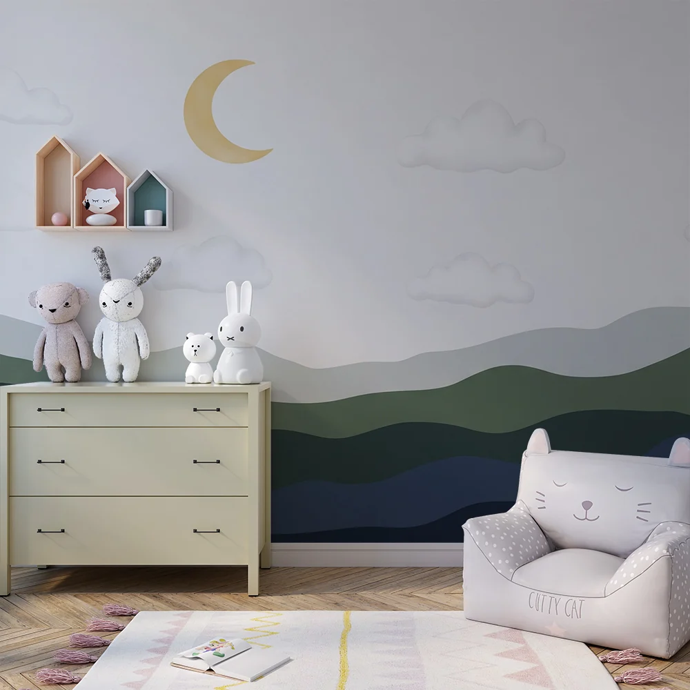 Nursery room wallpaper | Gyengéd dombok és csillagos ég aranyholdakkal