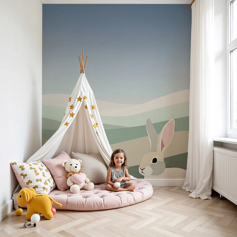 Nursery room wallpaper | Gyengéd dombok és nyuszi egy megnyugtató tájban