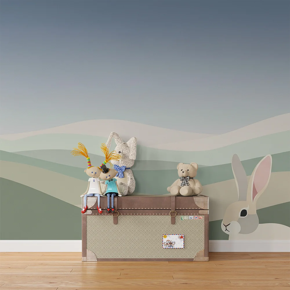 Nursery room wallpaper | Gyengéd dombok és nyuszi egy megnyugtató tájban