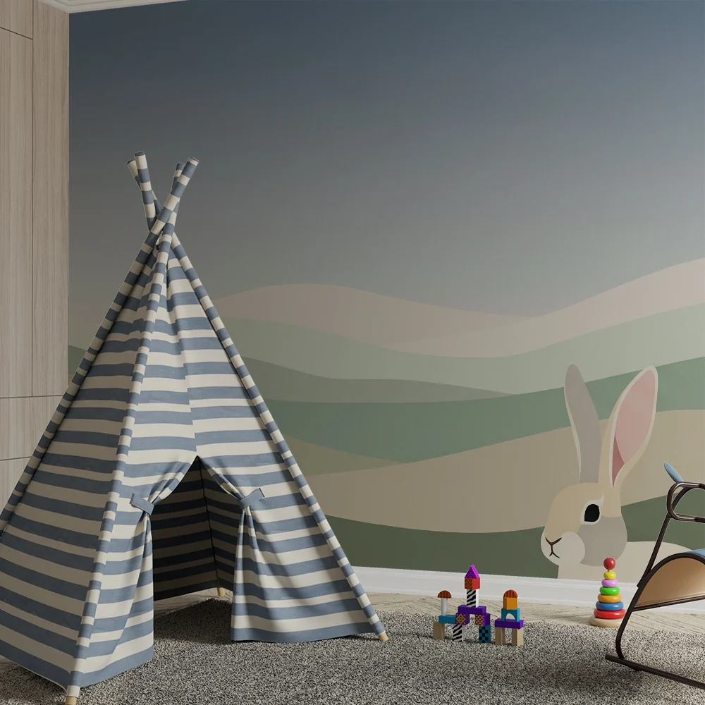 Nursery room wallpaper | Gyengéd dombok és nyuszi egy megnyugtató tájban