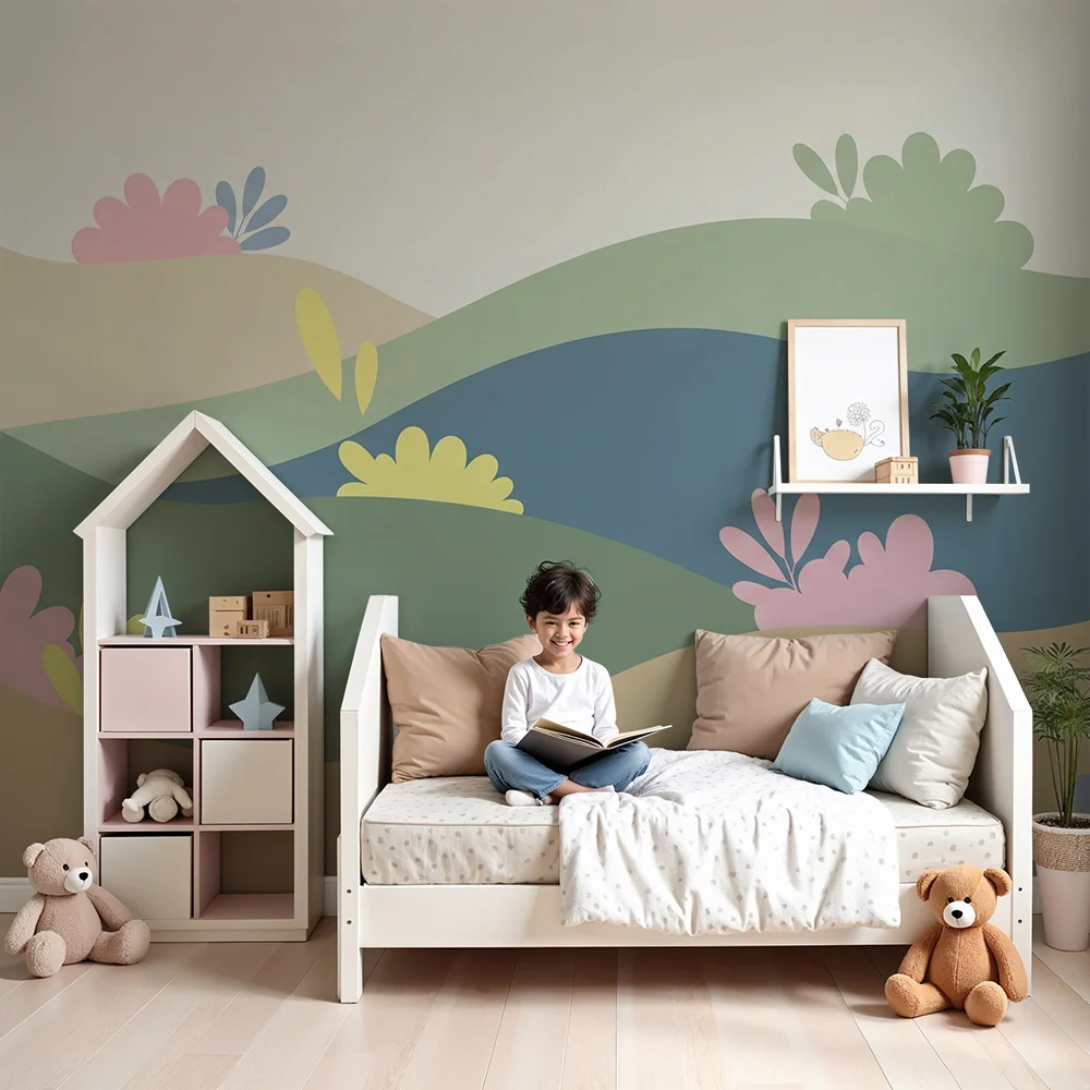 Nursery room wallpaper | Gyengéd dombok és pasztell virágok egy nyugtató tájban