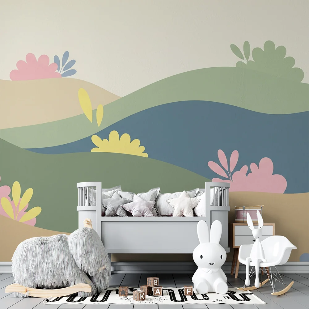 Nursery room wallpaper | Gyengéd dombok és pasztell virágok egy nyugtató tájban