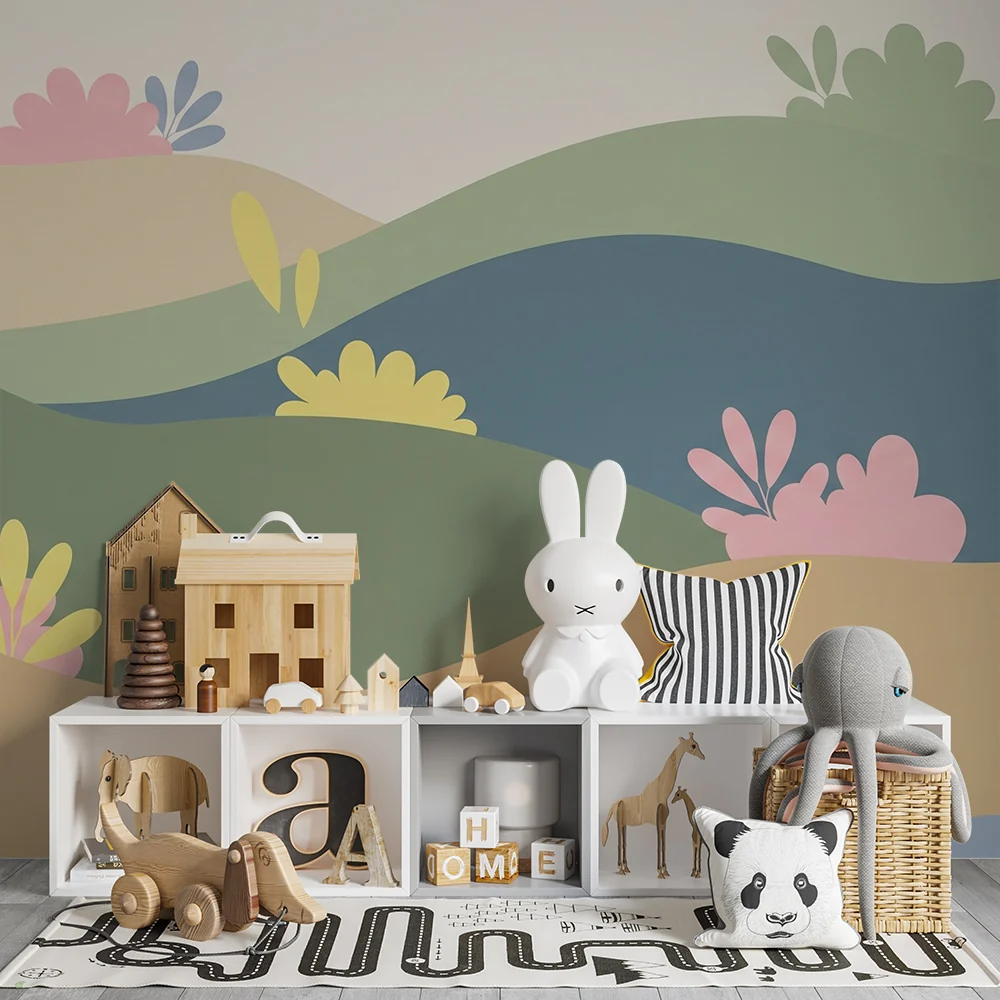 Nursery room wallpaper | Gyengéd dombok és pasztell virágok egy nyugtató tájban