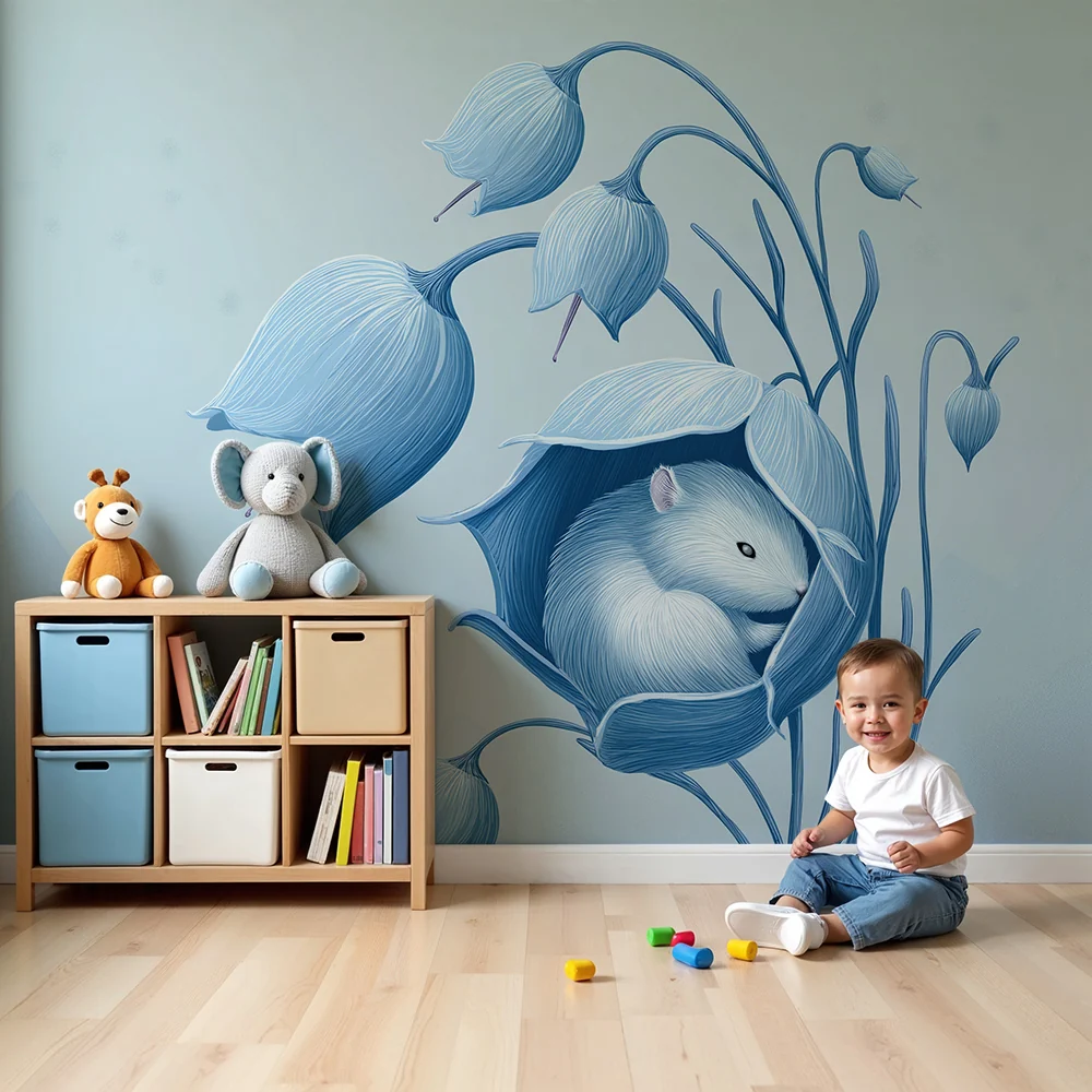 Nursery room wallpaper | Gyengéd egér egy nyugtató kék virágon háttérrel