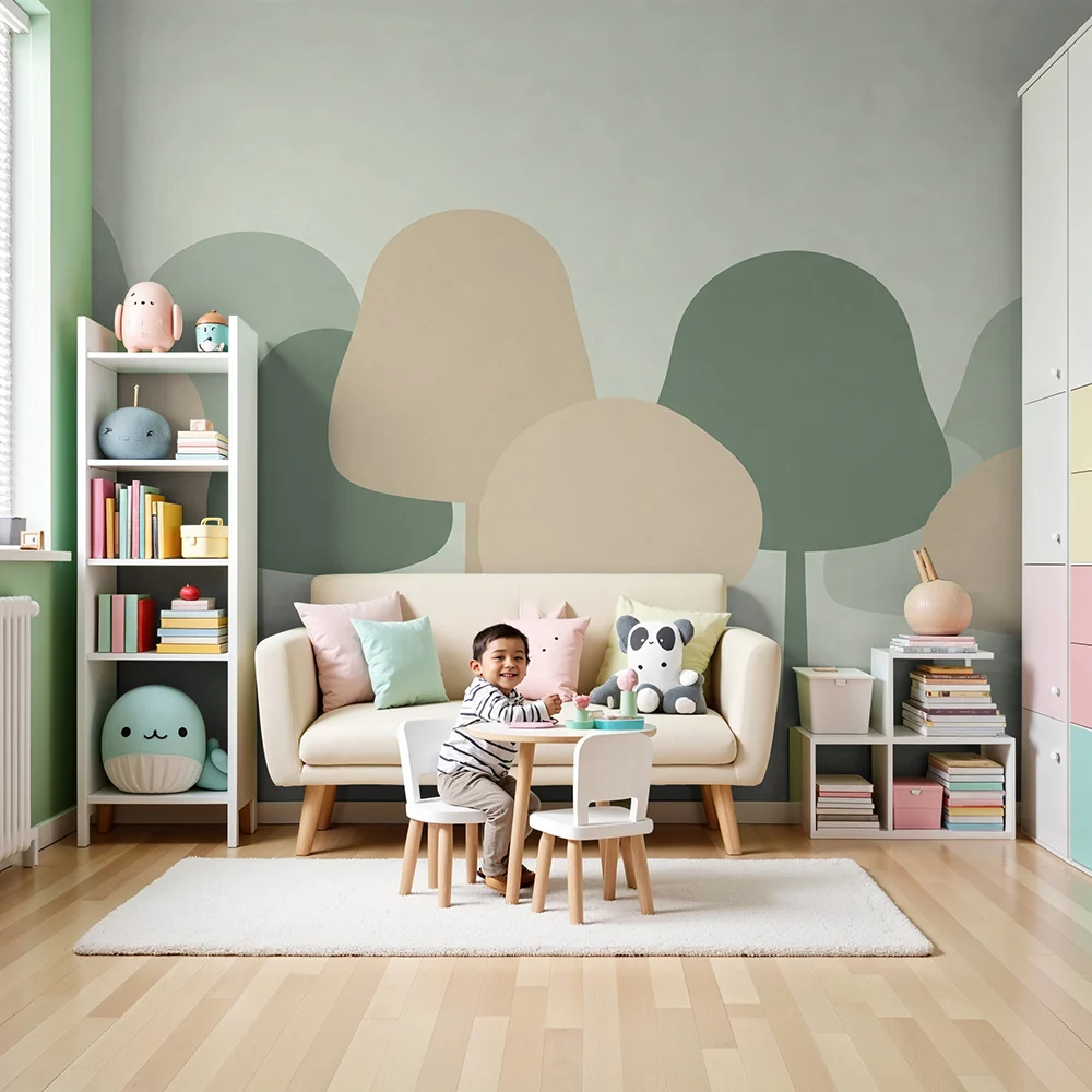 Nursery room wallpaper | Gyengéd erdő kerekded formájú fákkal