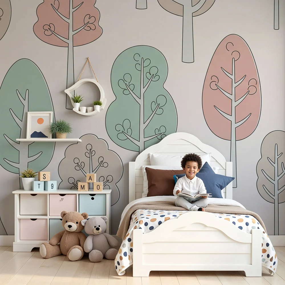 Nursery room wallpaper | Gyengéd erdők pasztell fákkal