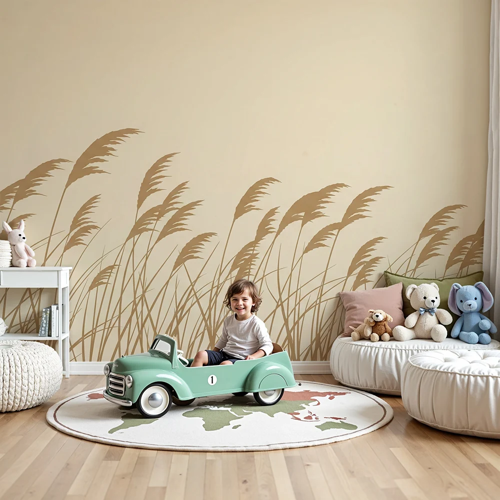 Nursery room wallpaper | Gyengéd fűszálak nyugtató bézs hátteren