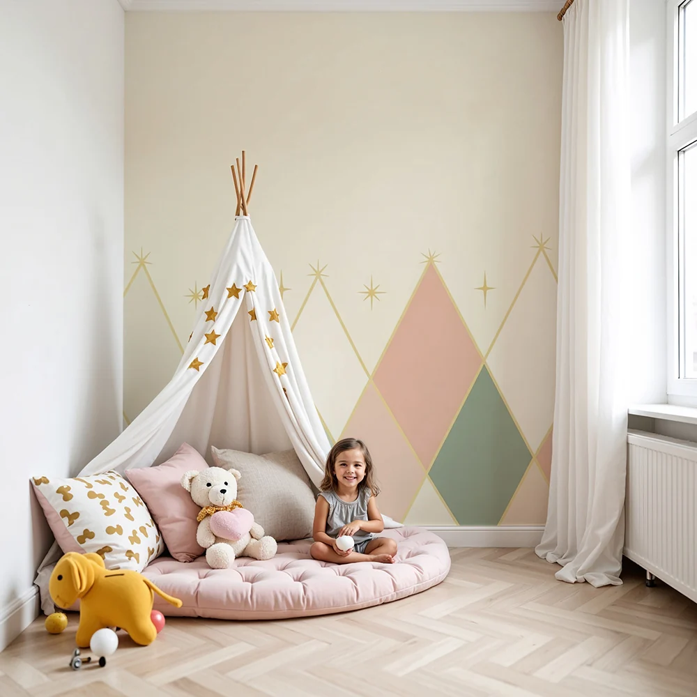 Nursery room wallpaper | Gyengéd geometriai minták arany csillagokkal