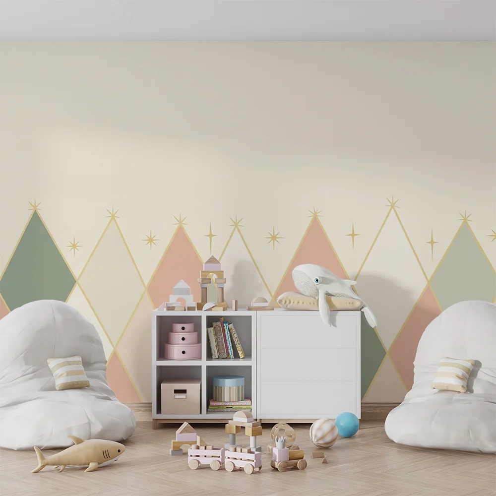 Nursery room wallpaper | Gyengéd geometriai minták arany csillagokkal