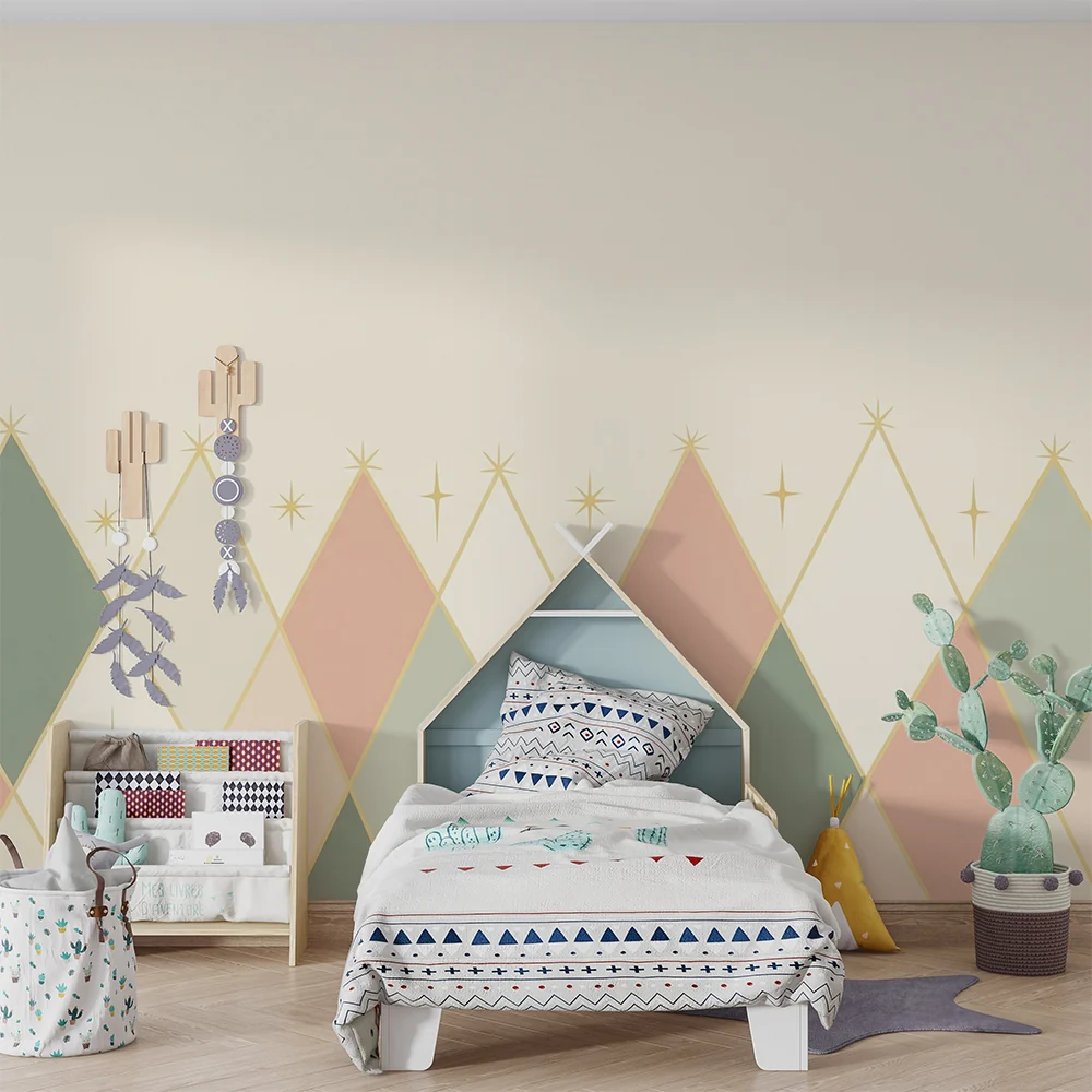Nursery room wallpaper | Gyengéd geometriai minták arany csillagokkal
