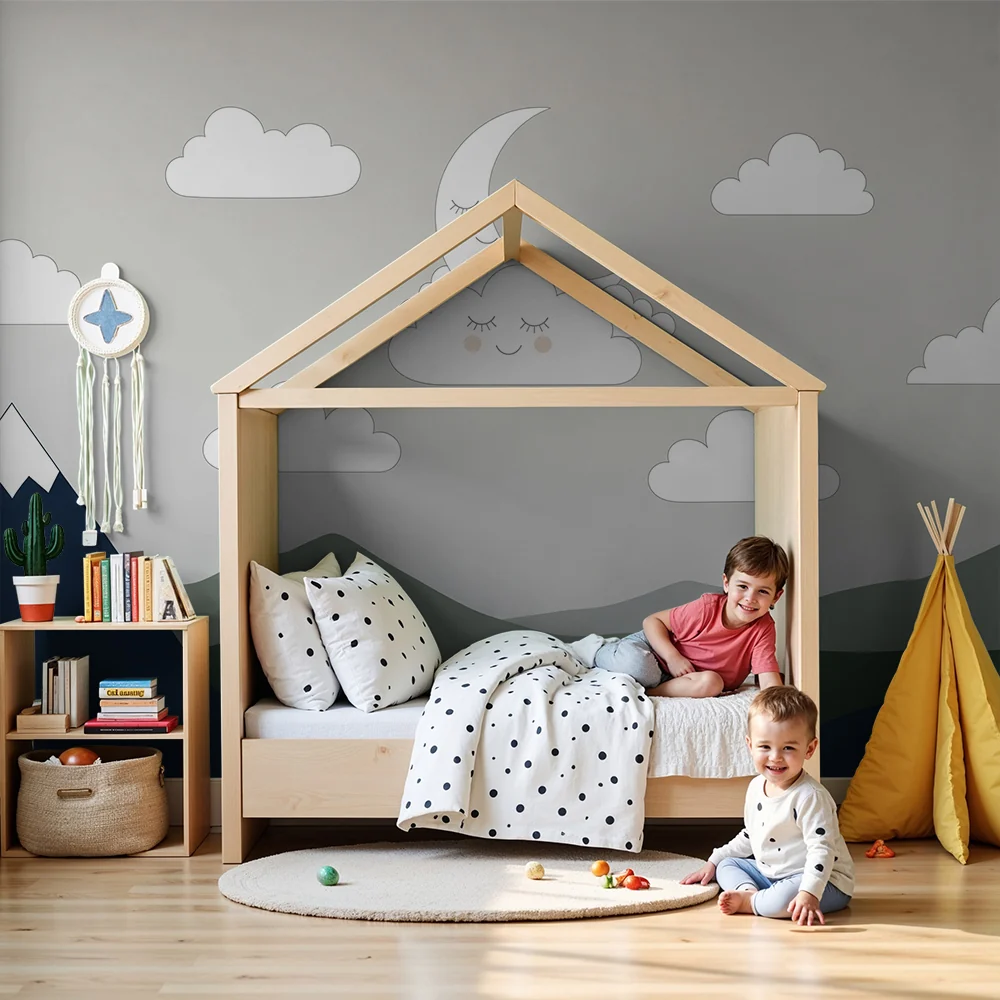 Nursery room wallpaper | Gyengéd hegyek és mosolygó felhők egy nyugtató égbolt alatt