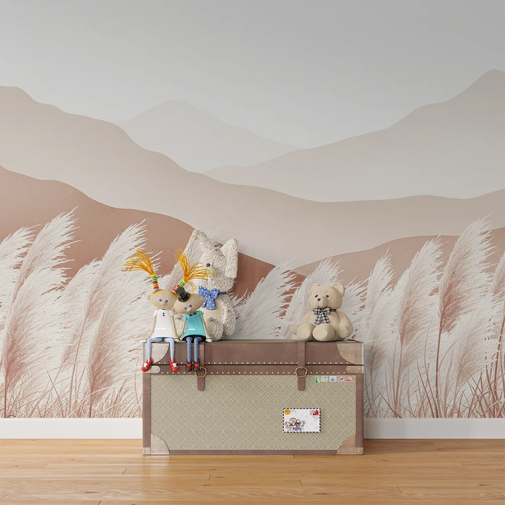 Nursery room wallpaper | Gyengéd hegyek és pampafű neutális árnyalatokban