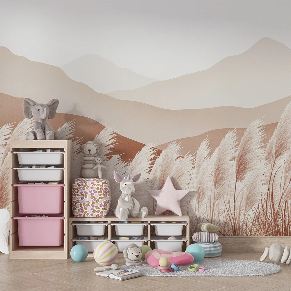 Nursery room wallpaper | Gyengéd hegyek és pampafű neutális árnyalatokban