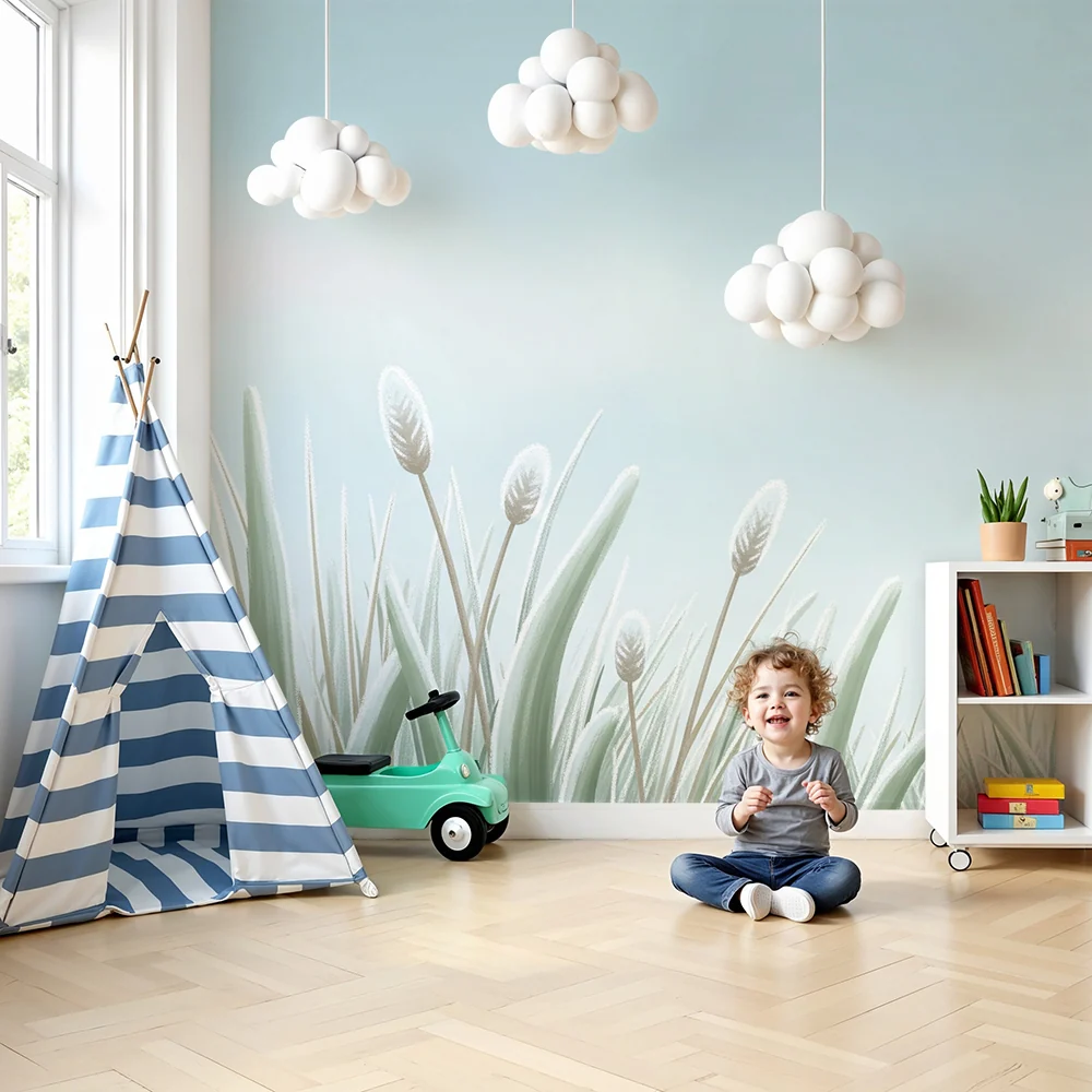 Nursery room wallpaper | Gyengéd fű és nyugtató égbolt