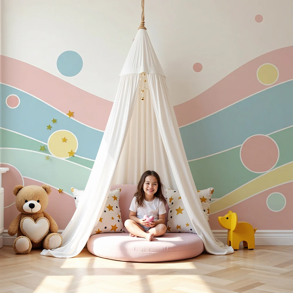Nursery room wallpaper | Gyengéd pasztell hullámok színes körökkel