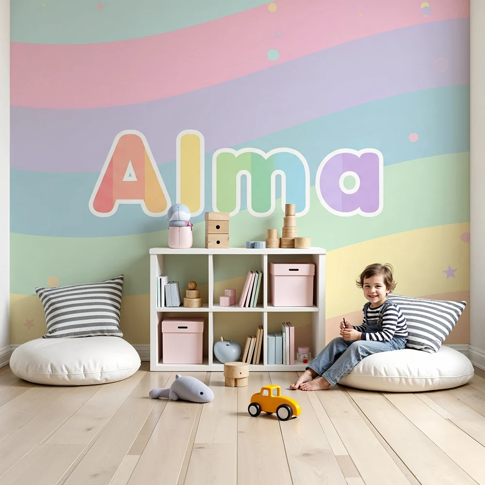 Nursery room wallpaper | Gyengéd pasztell hullámok és színes csillagok
