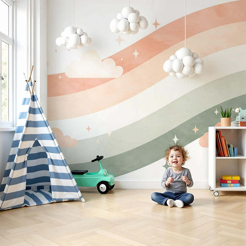 Nursery room wallpaper | Gyengéd pasztell hullámok és csillagos felhők