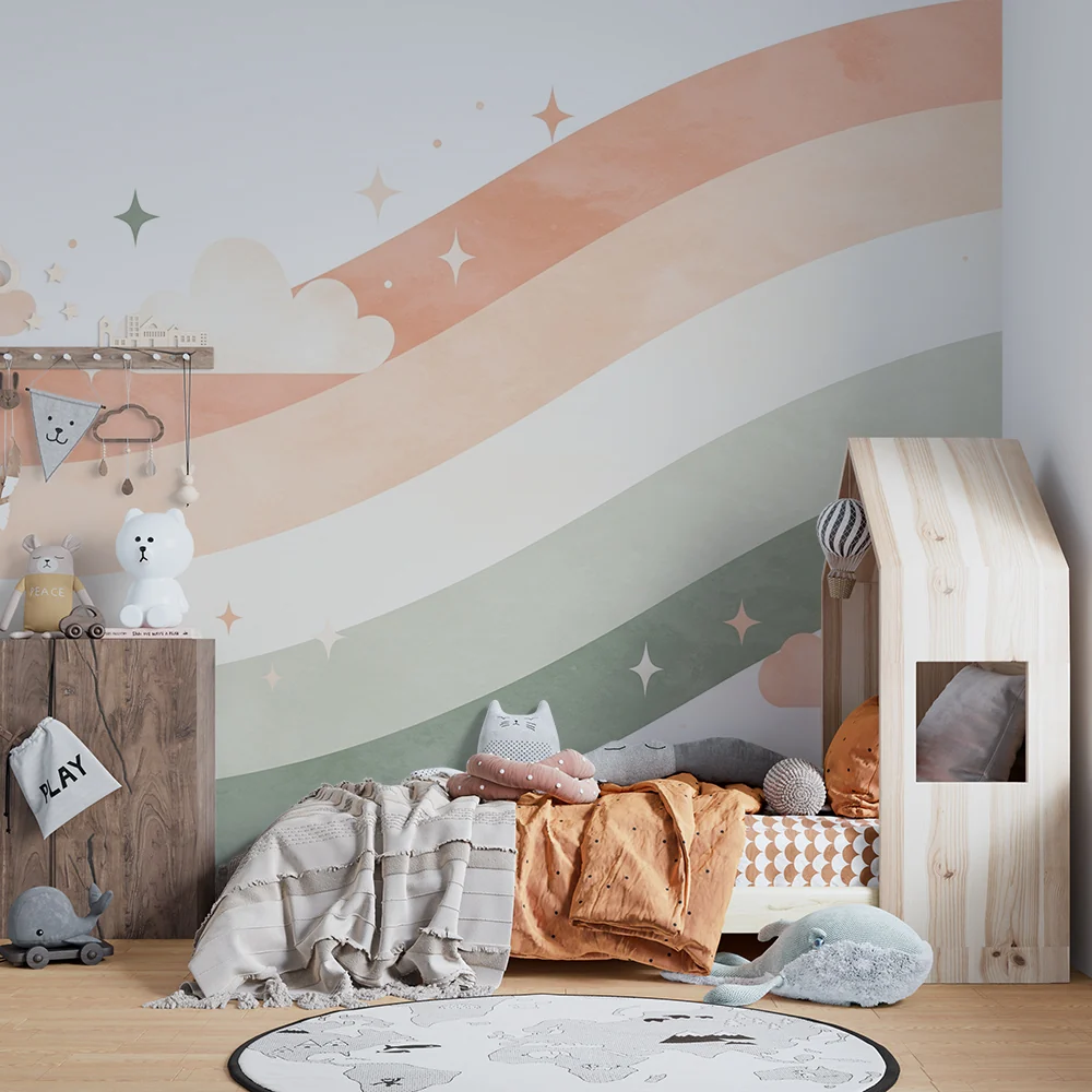 Nursery room wallpaper | Gyengéd pasztell hullámok és csillagos felhők