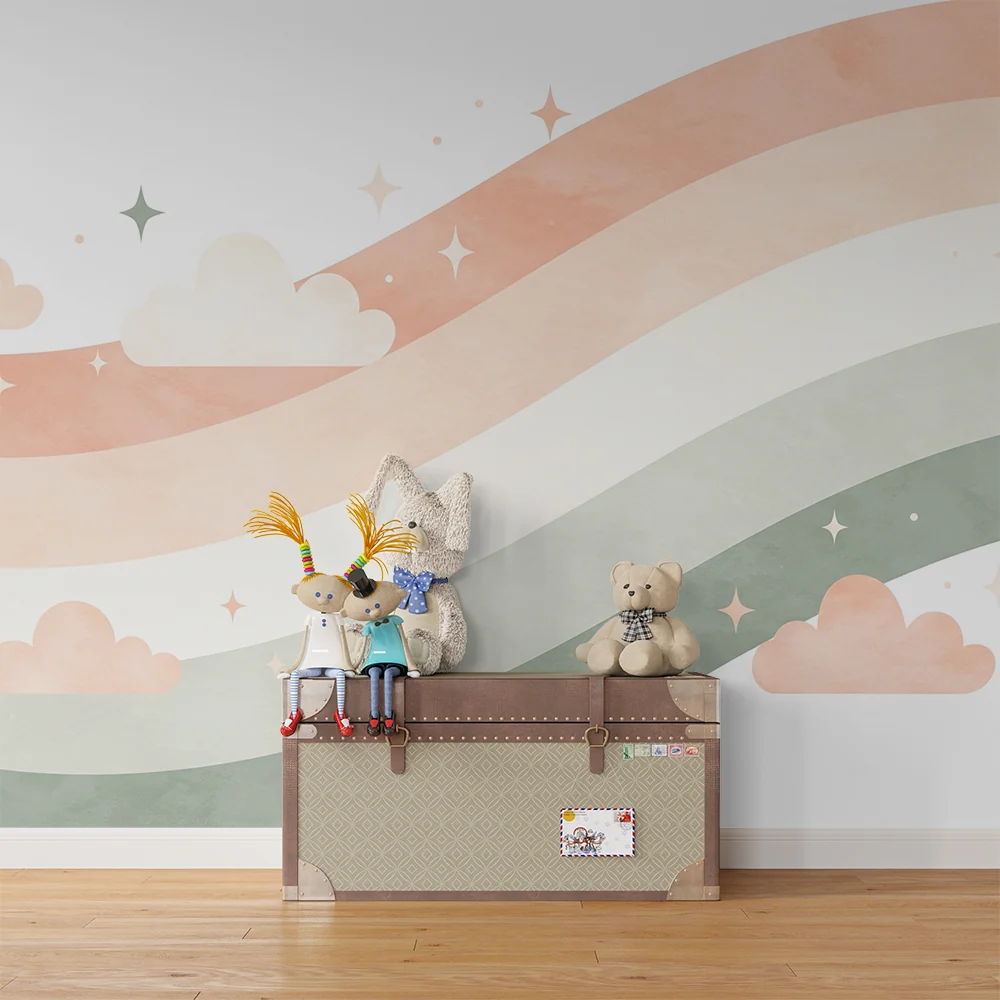 Nursery room wallpaper | Gyengéd pasztell hullámok és csillagos felhők