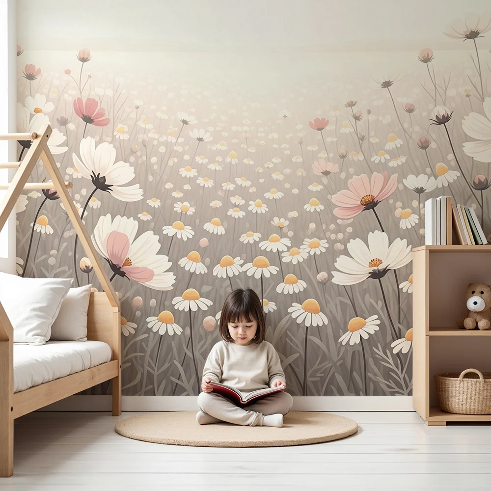 Nursery room wallpaper | Gyengéd pasztell színű virágmező