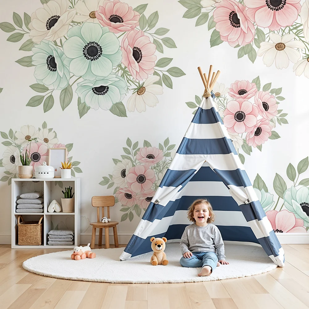 Nursery room wallpaper | Gyengéd pasztell virágok és finom levelek