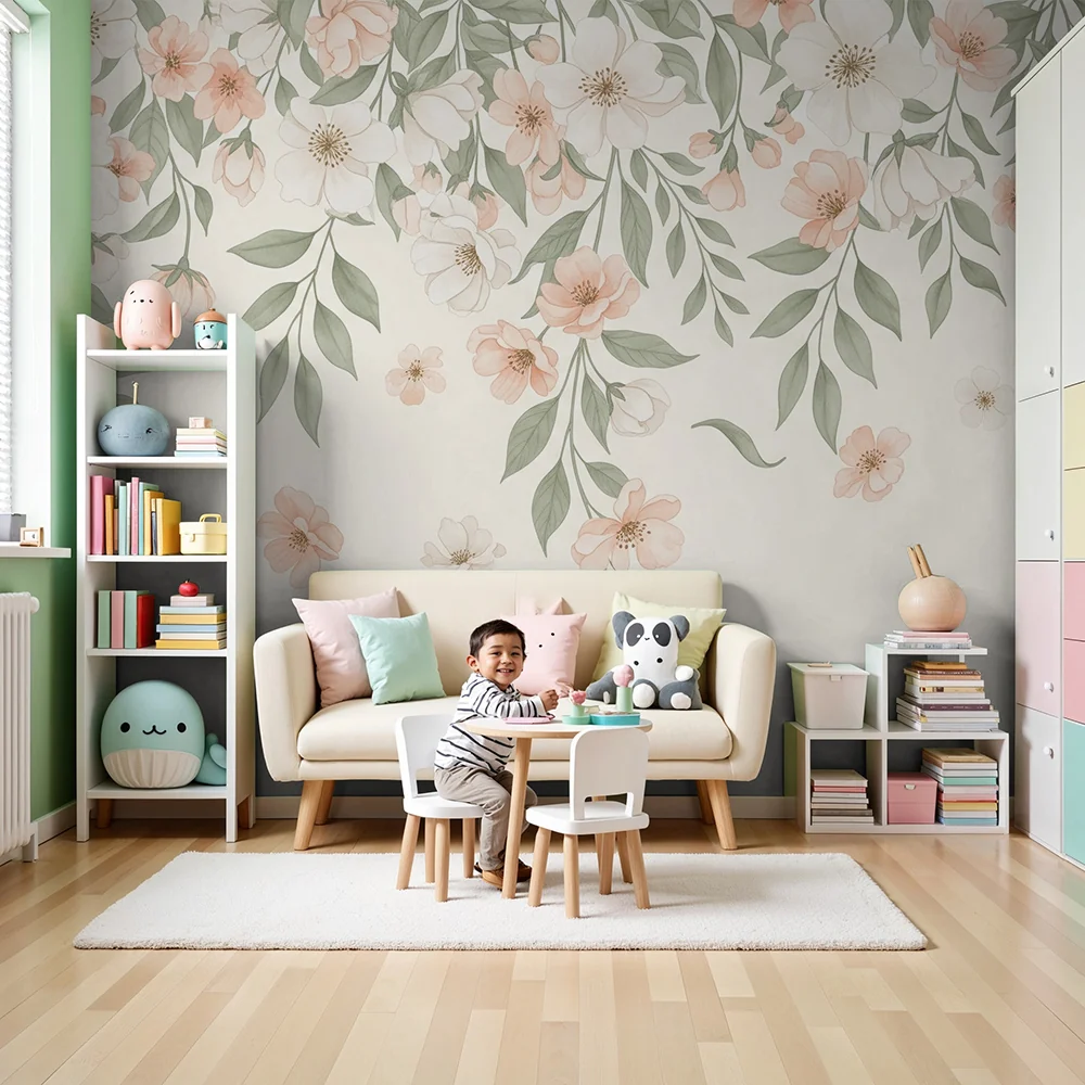 Nursery room wallpaper | Gyengéd pasztell virágok és finom levelek