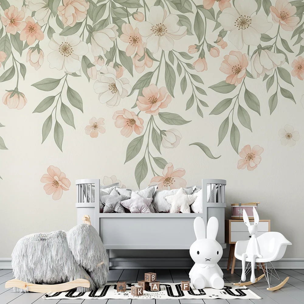 Nursery room wallpaper | Gyengéd pasztell virágok és finom levelek