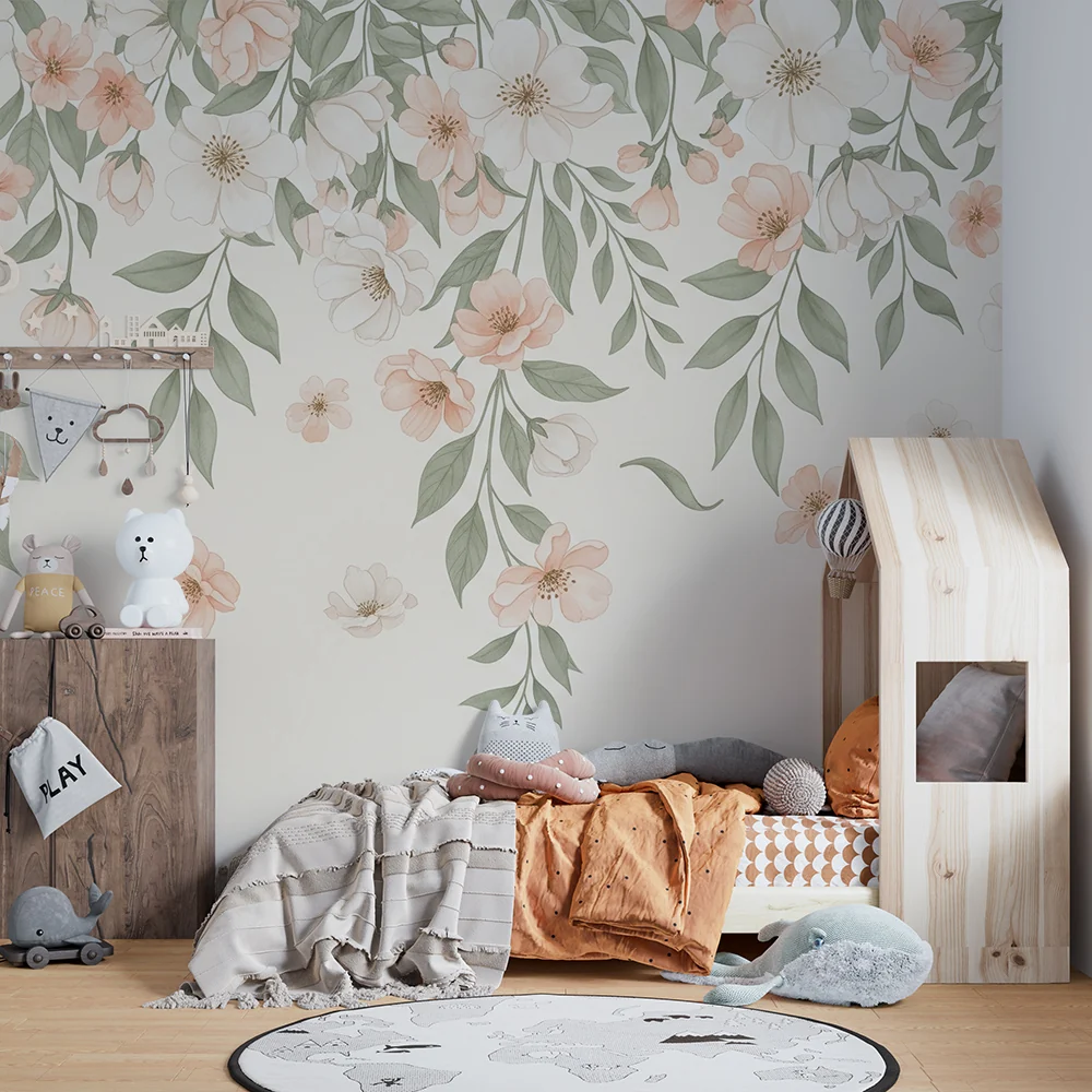 Nursery room wallpaper | Gyengéd pasztell virágok és finom levelek