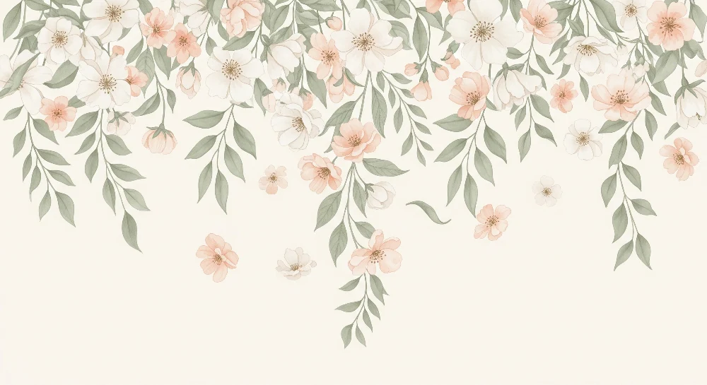 Nursery room wallpaper | Gyengéd pasztell virágok és finom levelek