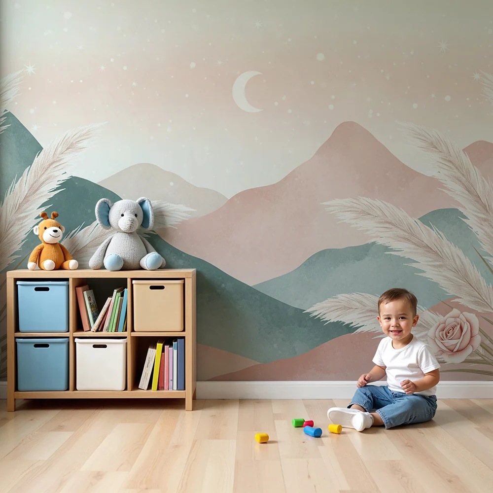 Nursery room wallpaper | Gyengéd rózsaszín hegyek pasztell palettában