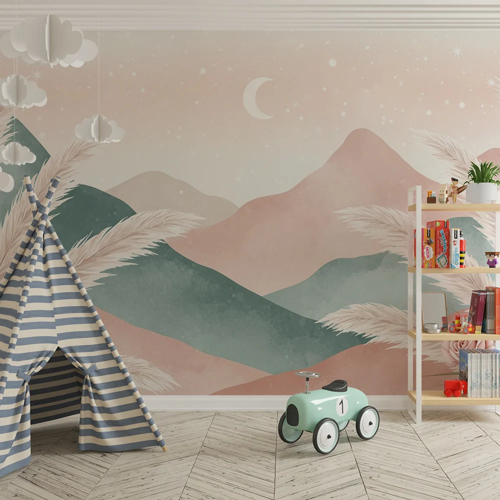 Nursery room wallpaper | Gyengéd rózsaszín hegyek pasztell palettában