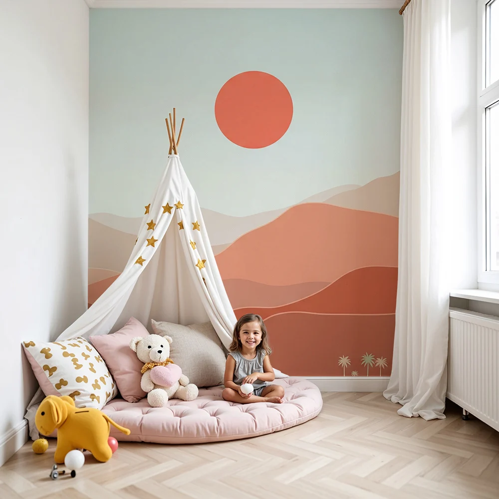 Nursery room wallpaper | Gyengéd sivatagi táj pálmafákkal és naplementével
