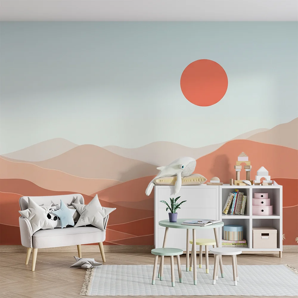 Nursery room wallpaper | Gyengéd sivatagi táj pálmafákkal és naplementével