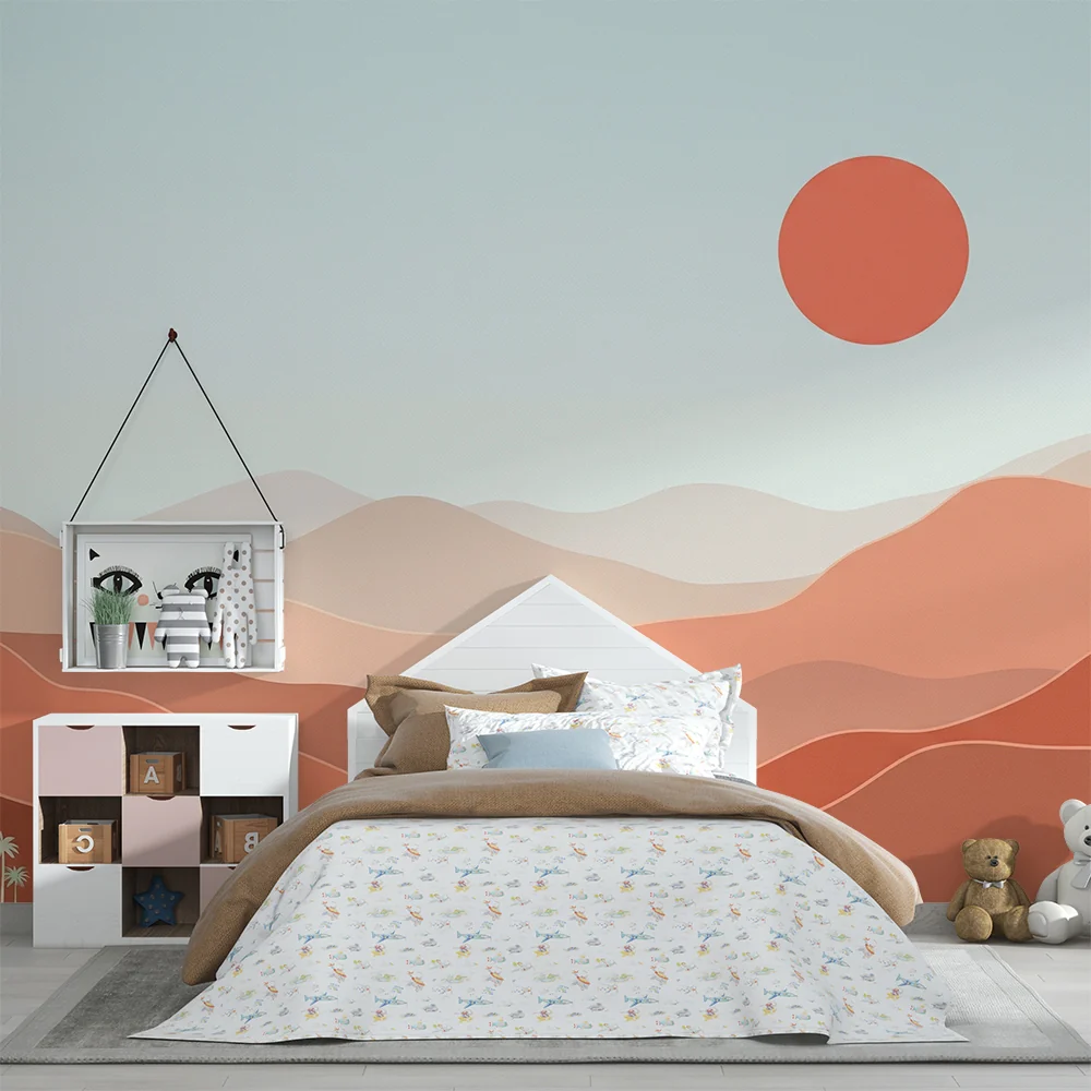 Nursery room wallpaper | Gyengéd sivatagi táj pálmafákkal és naplementével