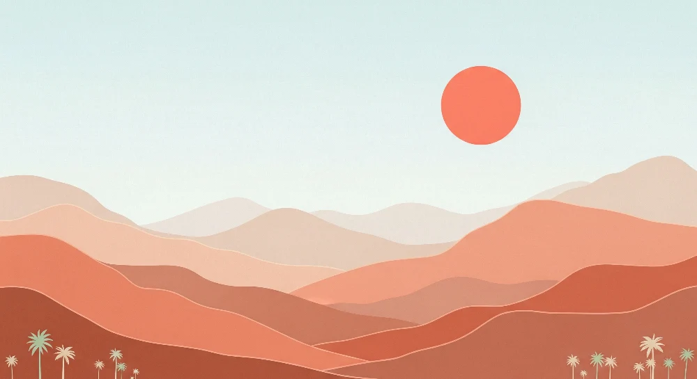 Nursery room wallpaper | Gyengéd sivatagi táj pálmafákkal és naplementével