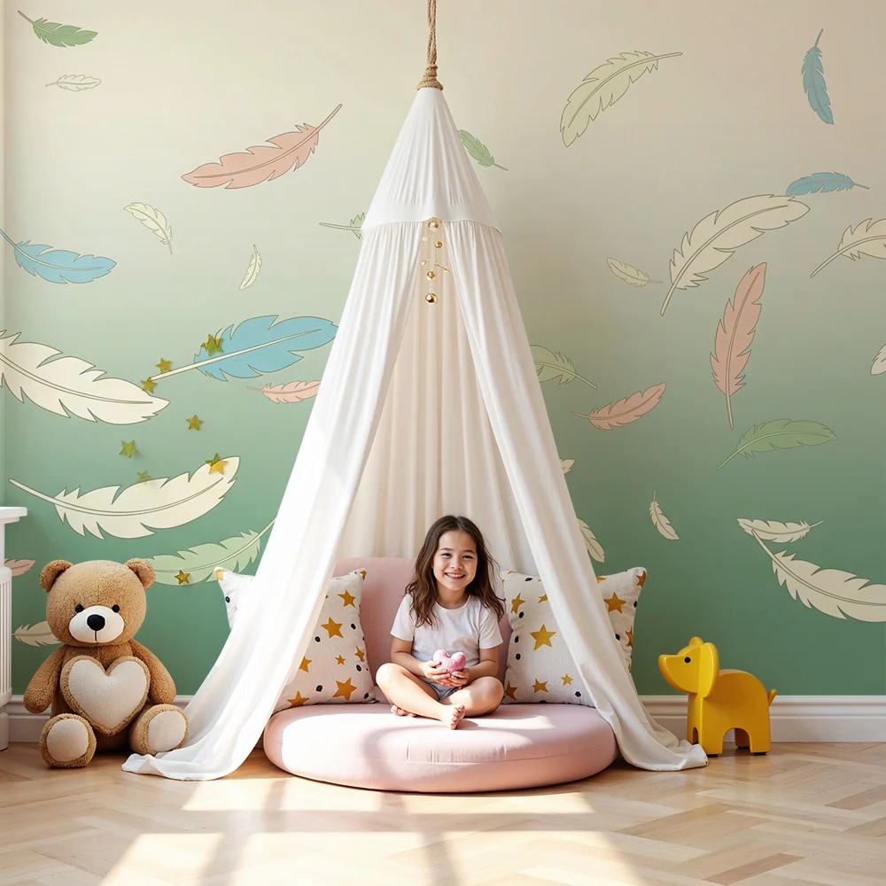 Nursery room wallpaper | Gyengéd tollak lebegnek egy puha háttéren