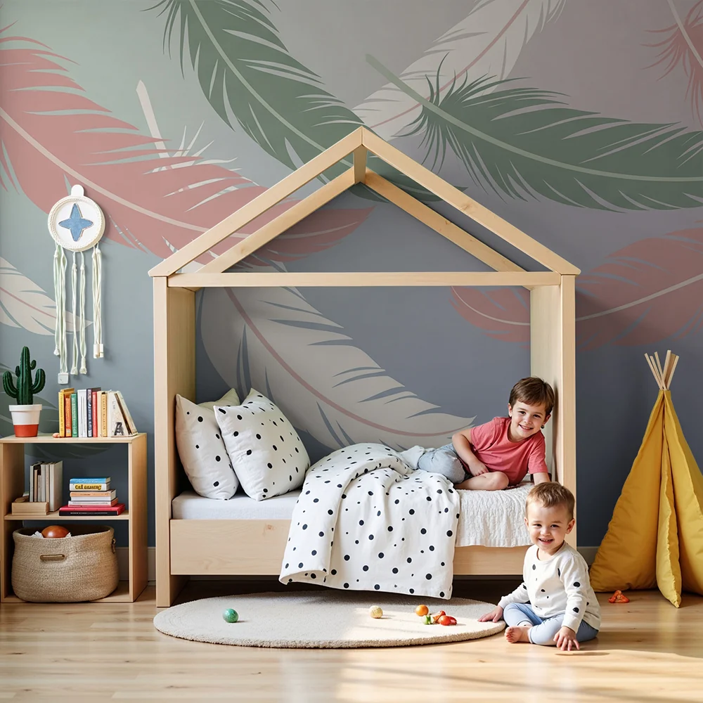 Nursery room wallpaper | Gyengéd tollak pasztell színekben