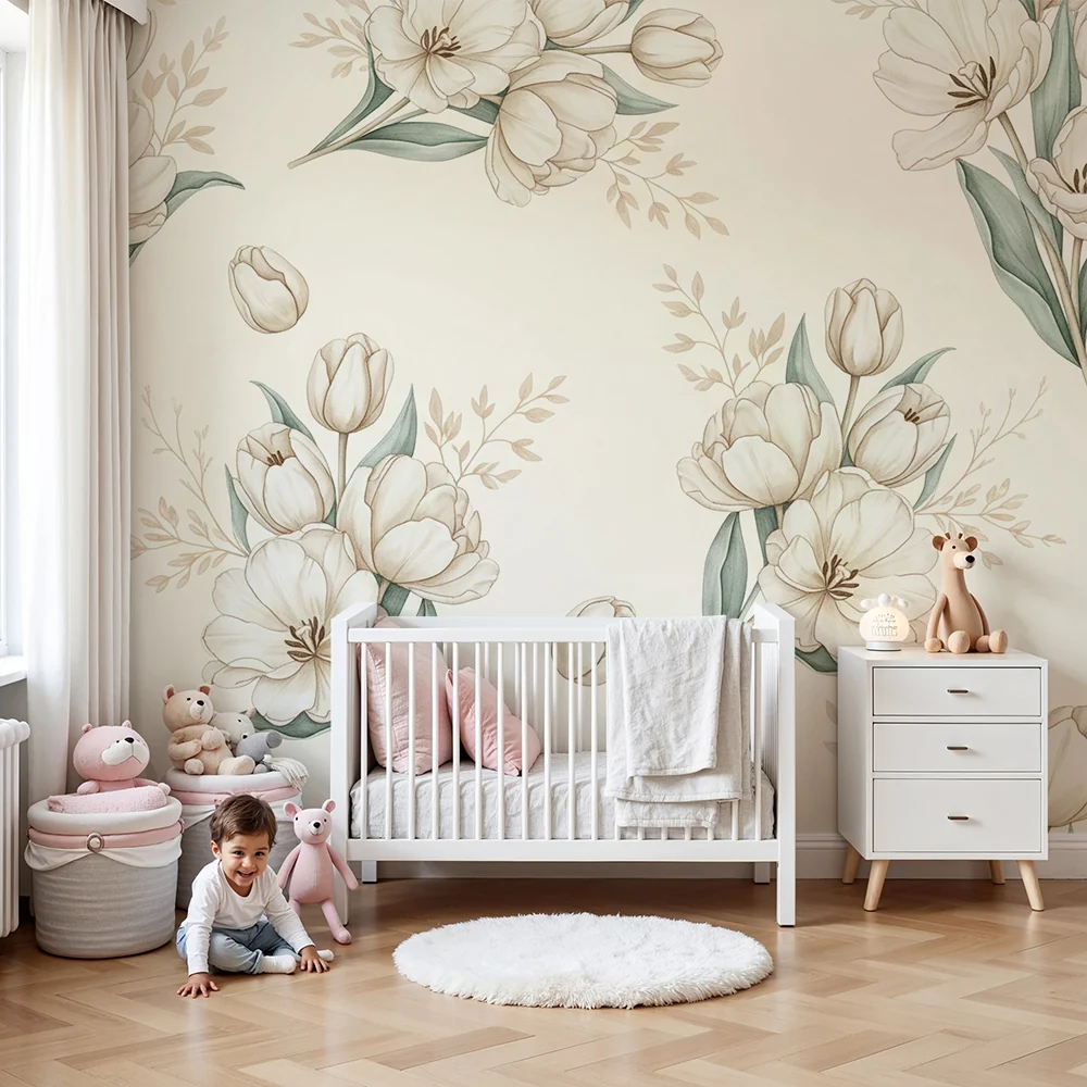 Nursery room wallpaper | Gyengéd tulipánok és nyugtató természet