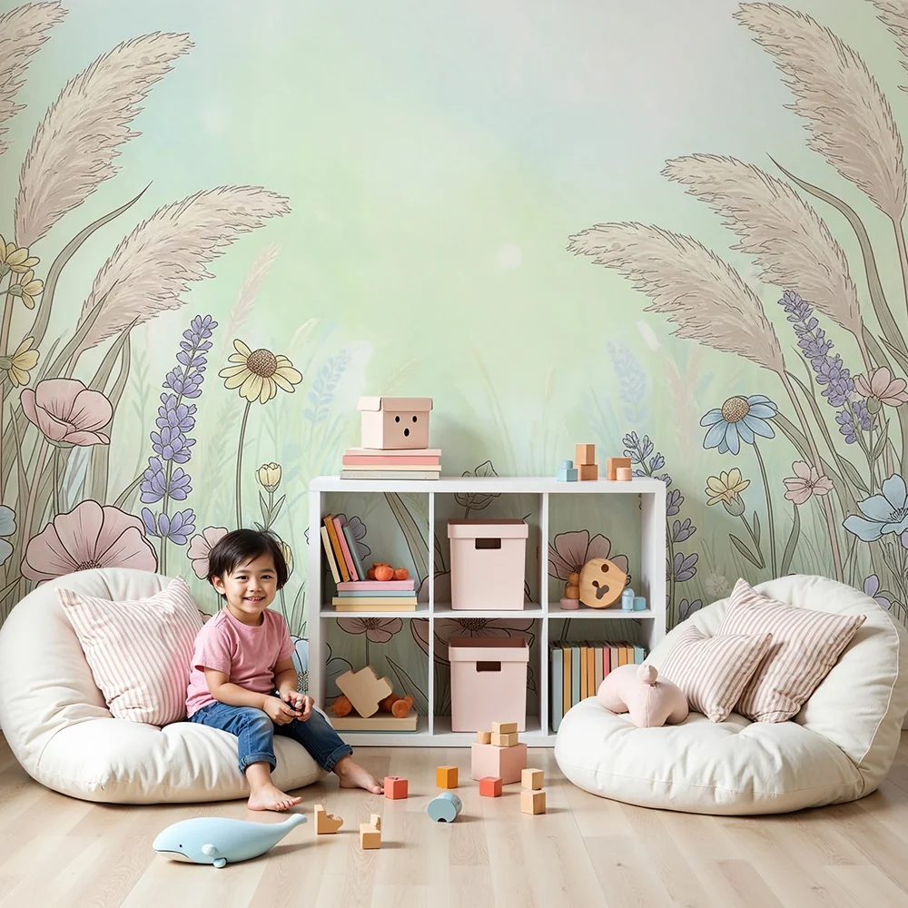 Nursery room wallpaper | Gyengéd virágmező és finom fűszálak