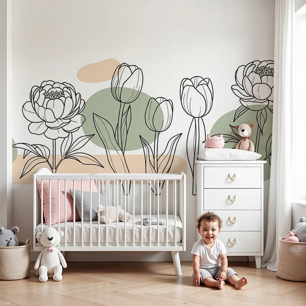 Nursery room wallpaper | Gyengéd virágok körvonalával és absztrakt formákkal