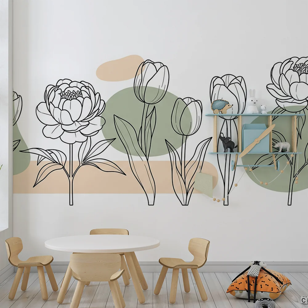 Nursery room wallpaper | Gyengéd virágok körvonalával és absztrakt formákkal
