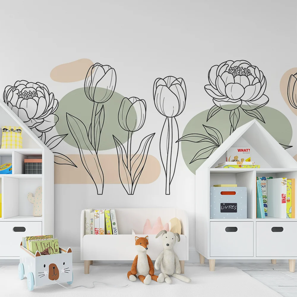 Nursery room wallpaper | Gyengéd virágok körvonalával és absztrakt formákkal
