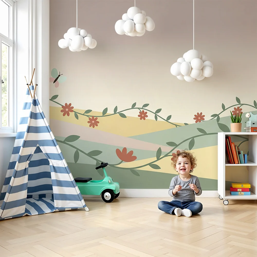 Nursery room wallpaper | Gyengéd virágok és színes pillangók