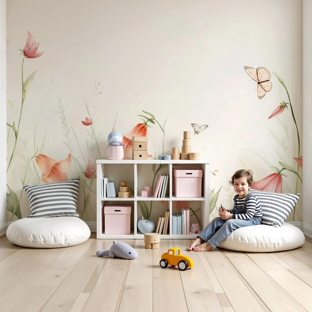 Nursery room wallpaper | Gyengéd virágszimfónia és finom pillangók